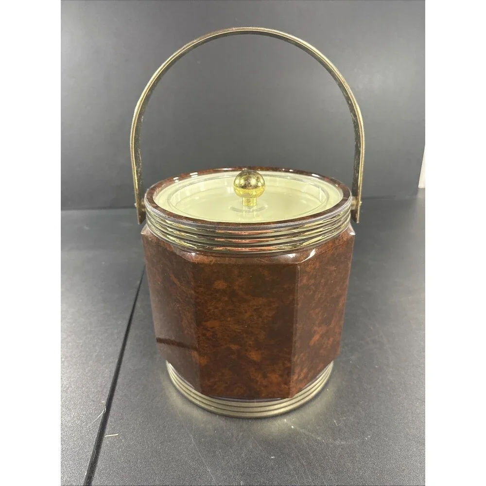 Vintage Mid Century Modern Bar Tortoise Shell Vinyl Ice Bucket Made In USA